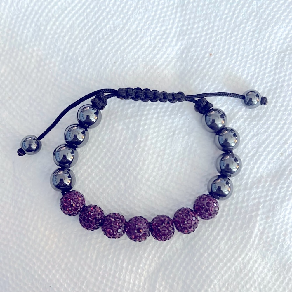 Pewter and purple rhinestone beaded bracelet